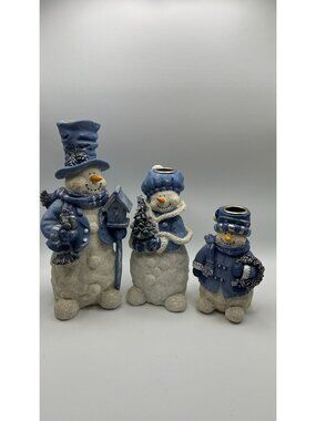 Set Of 3 Snowman Candle Holders With Blue Winter Coats & Glitter Accents